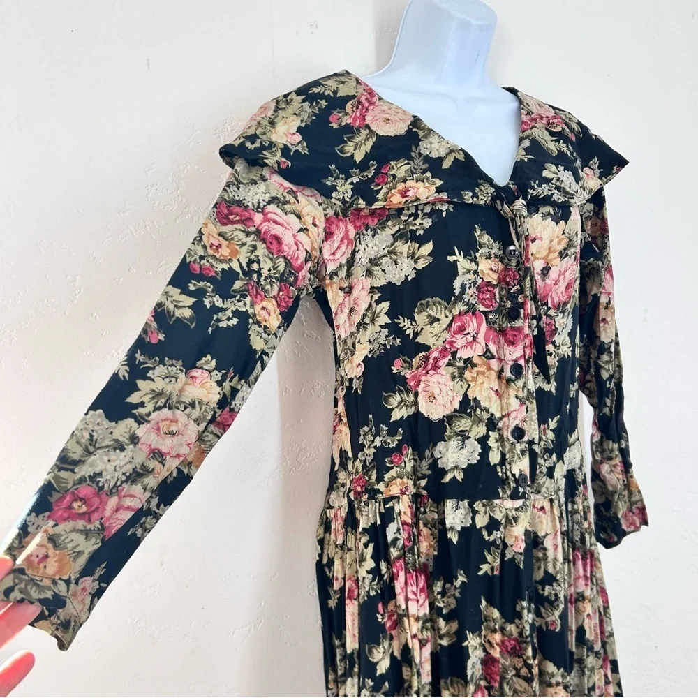 Vintage 90s Cottagecore Dark Floral Sailor Collar Midi Dress Size 7/8